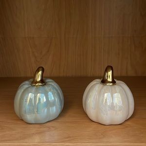 Fall Small Ceramic Pumpkin With Gold Stalk - Green and Cream